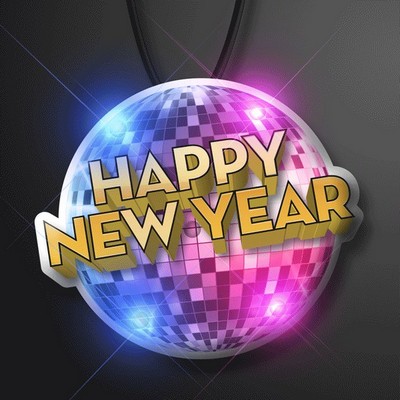 "Happy New Year" Disco Ball Blinkies on Black String Lanyard - BLANK